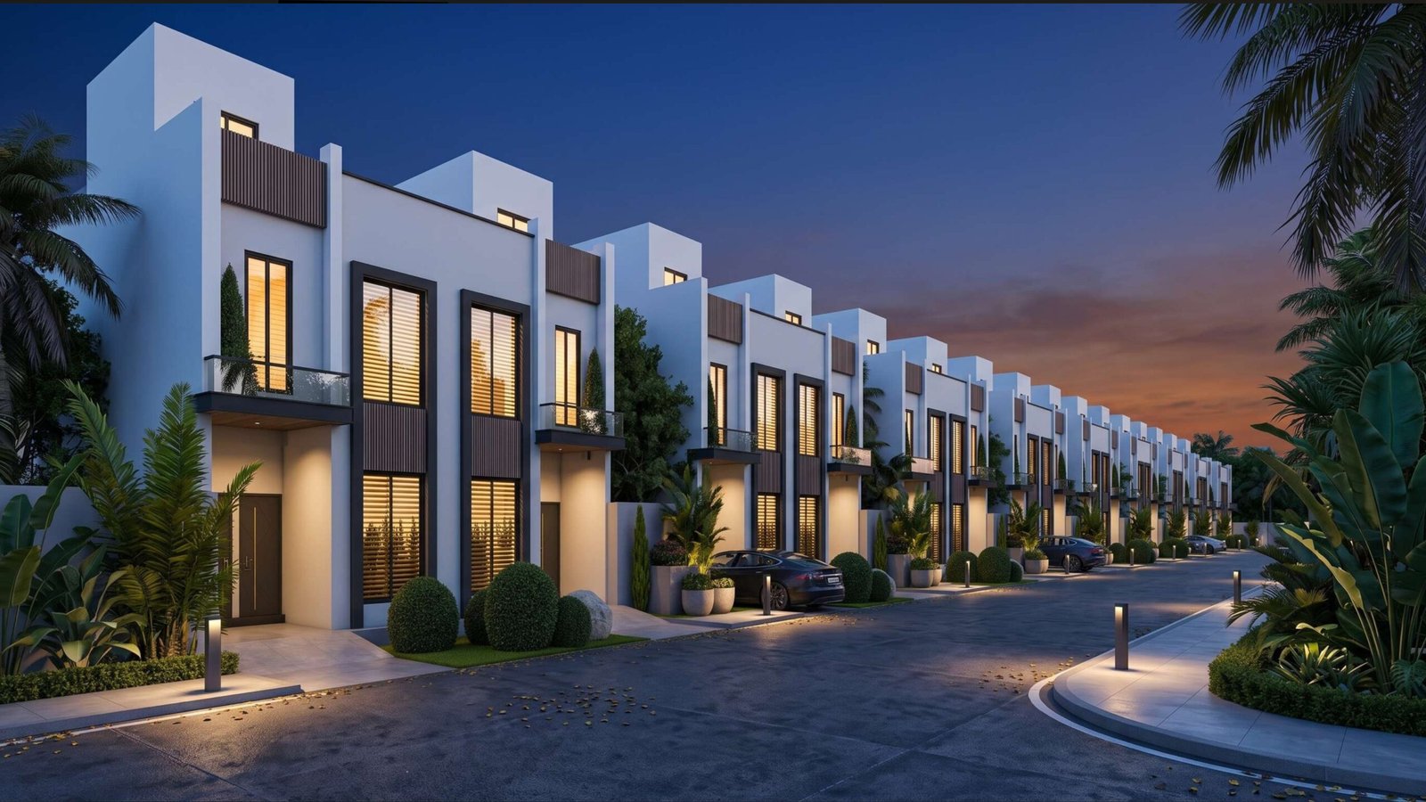 Etimaad Signature Homes townhouses at dusk, Maryam Town, Raiwind Road