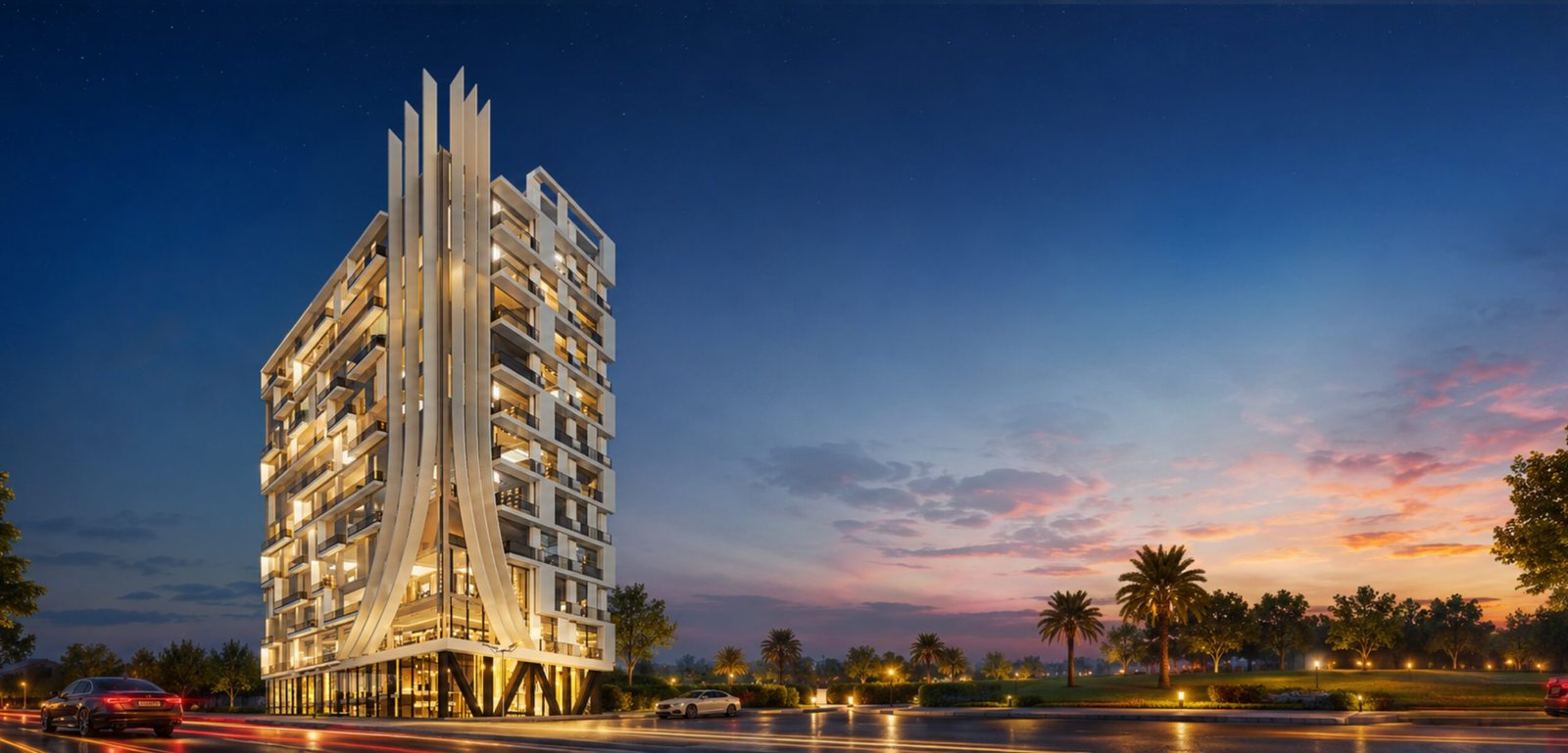 Rise Mall & Residencia illuminated at dusk, Al-Kabir Town, Raiwind Road